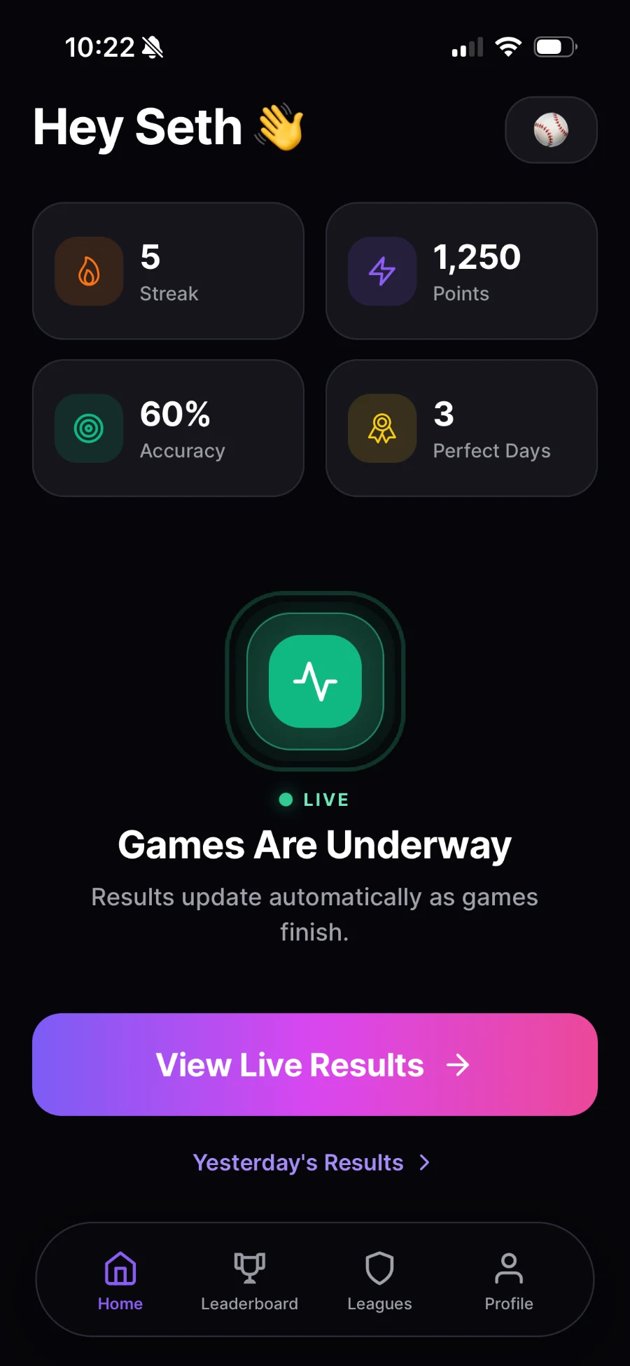 Fives home screen with live games underway