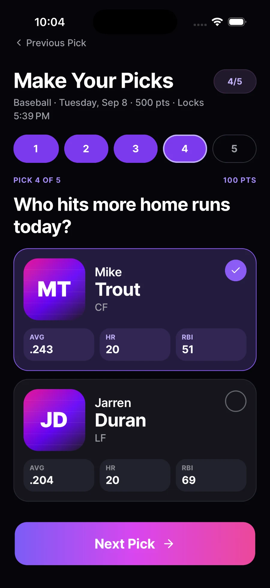 Fives baseball picks screen