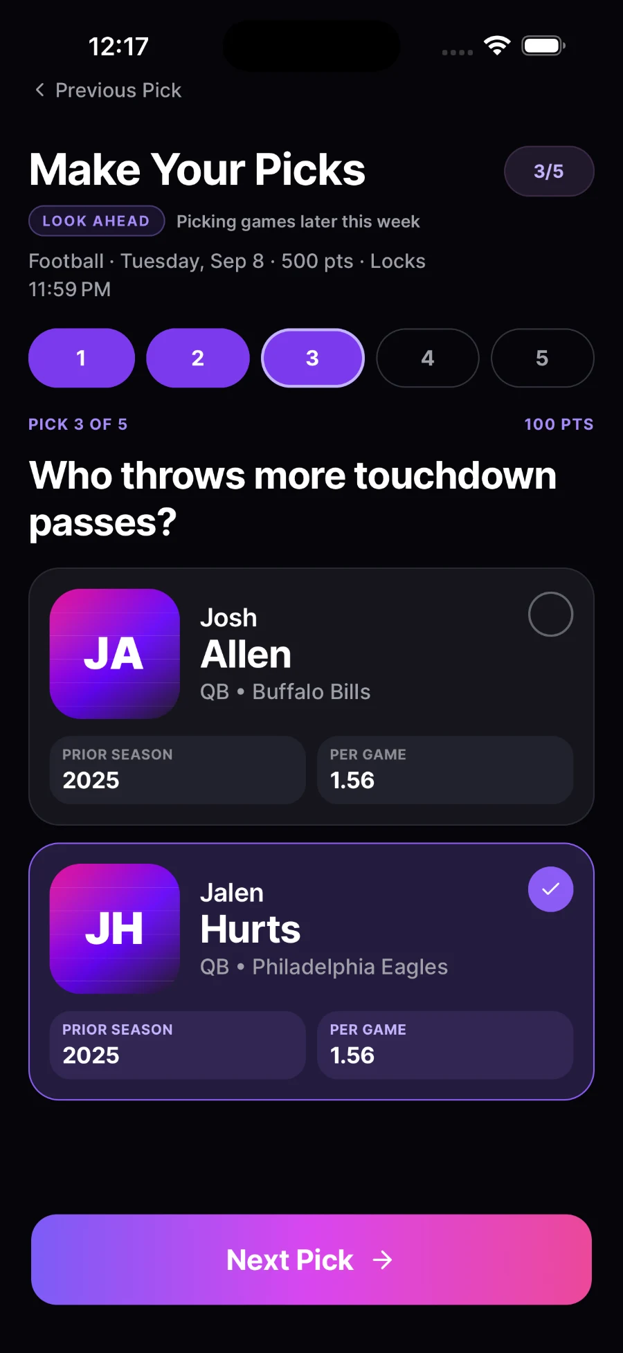 Fives football picks screen