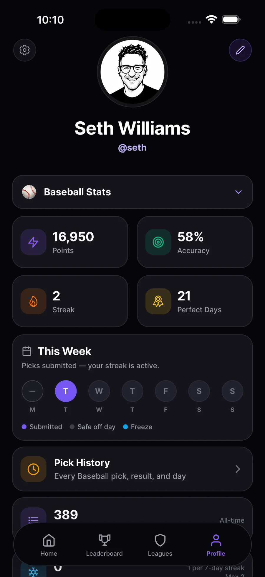 Fives profile with points, accuracy, streak and perfect days
